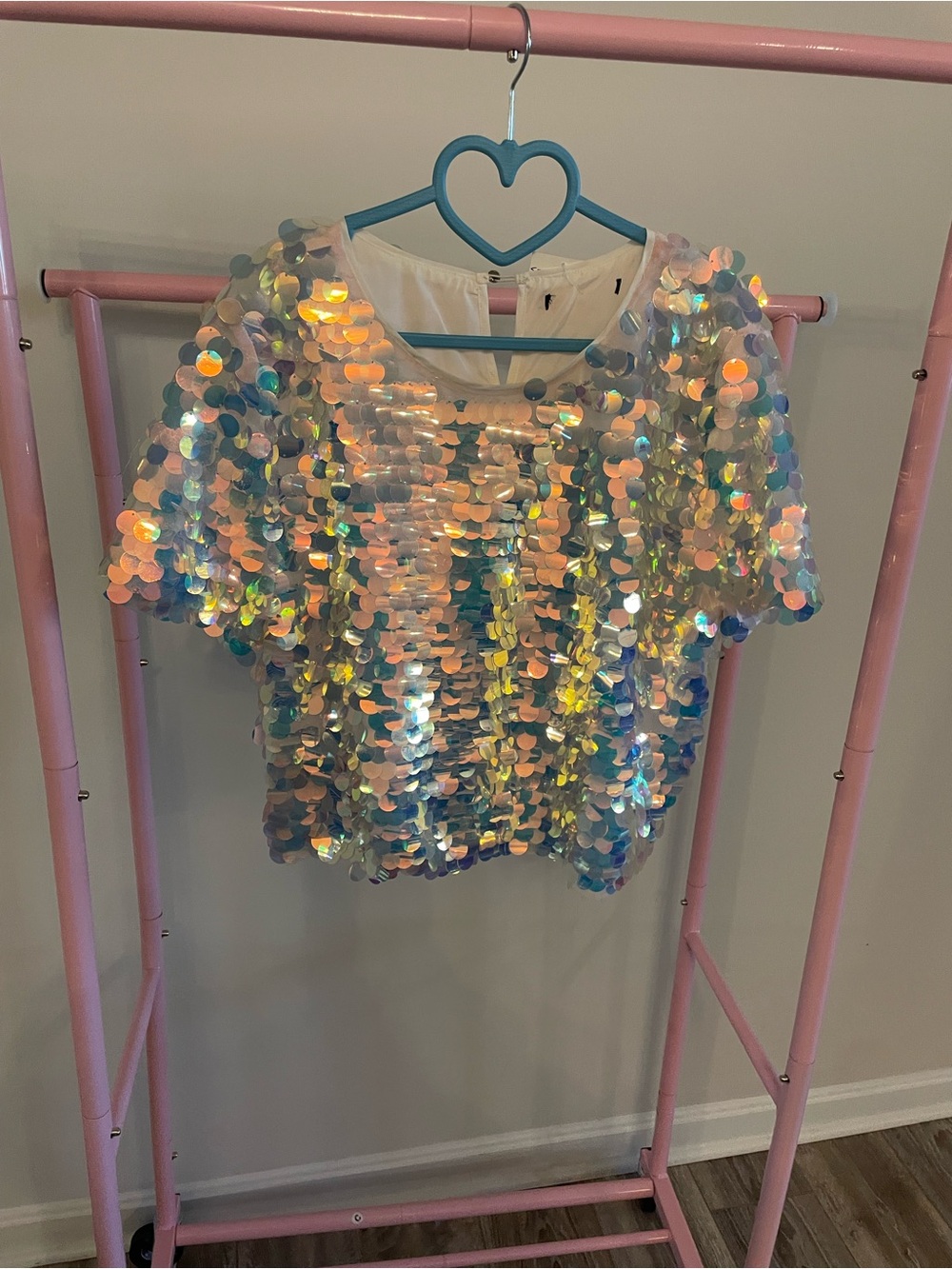 Source Unknown Iridescent Sequin Crop Top - White & Multicolor Shine